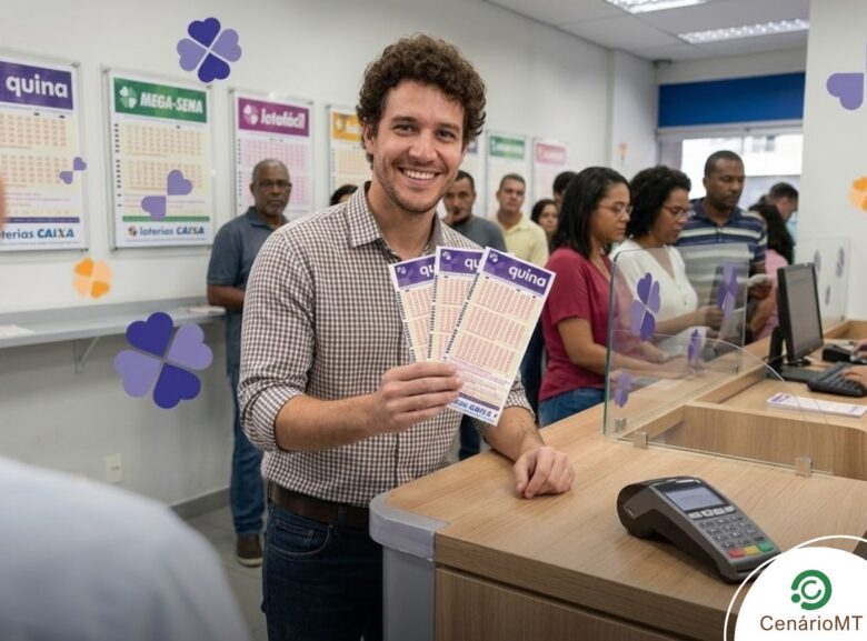 Apostador no balcão de uma lotérica segurando três bilhetes da Quina 6971.