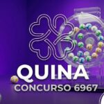 Fundo roxo com globo de sorteio e logo da Quina concurso 6967.