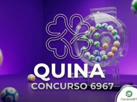 Fundo roxo com globo de sorteio e logo da Quina concurso 6967.