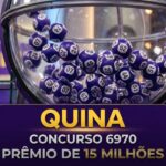 Globo de sorteio da Quina com bolas numeradas roxas, exibindo informações do concurso 6970 e prêmio de 15 milhões.