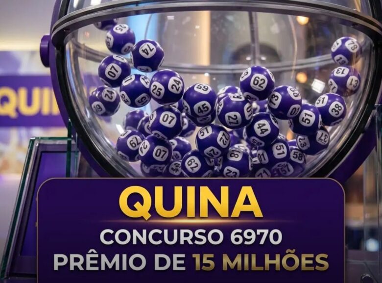 Globo de sorteio da Quina com bolas numeradas roxas, exibindo informações do concurso 6970 e prêmio de 15 milhões.