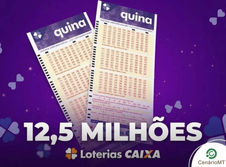 Dois volantes da loteria Quina, da Caixa Econômica Federal, sobre um fundo roxo com o texto em destaque "12,5 MILHÕES".