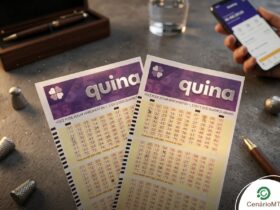 Volantes da Quina em destaque com um smartphone ao fundo mostrando um aplicativo de apostas e uma caneta.