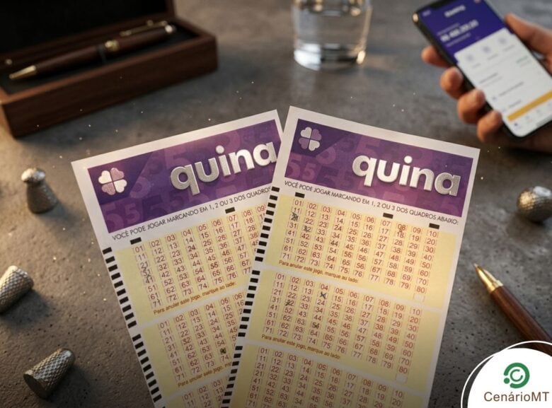 Resultado da Quina 6982 Acumula: Veja os números e prêmio para segunda (23/03) 1 Volantes da Quina em destaque com um smartphone ao fundo mostrando um aplicativo de apostas e uma caneta.