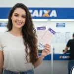 Mulher jovem sorrindo e segurando dois cartões de aposta da Quina em uma lotérica da Caixa.