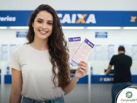 Mulher jovem sorrindo e segurando dois cartões de aposta da Quina em uma lotérica da Caixa.