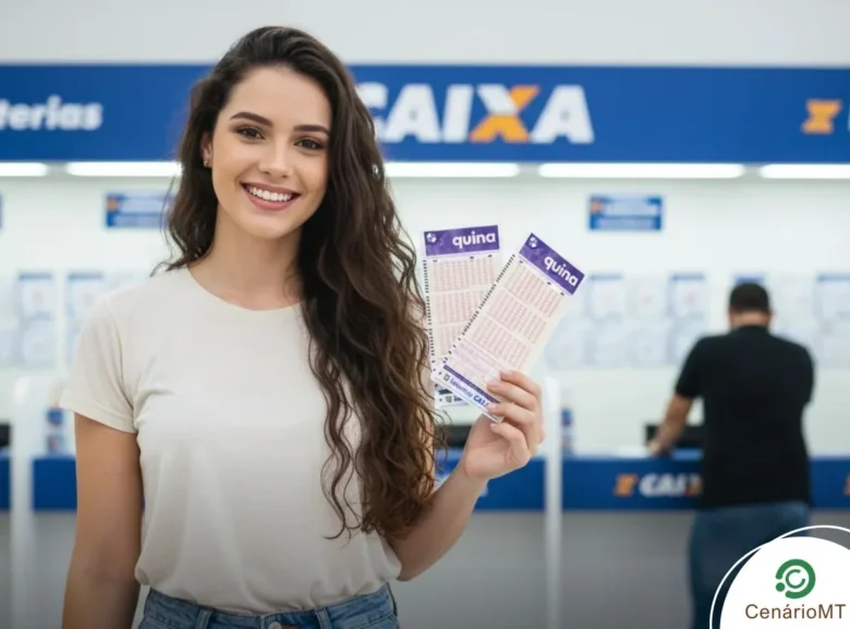 Mulher jovem sorrindo e segurando dois cartões de aposta da Quina em uma lotérica da Caixa.