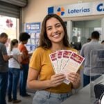 Mulher sorridente segurando volantes da Dupla Sena 2735 em uma lotérica da Caixa.