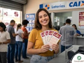 Mulher sorridente segurando volantes da Dupla Sena 2735 em uma lotérica da Caixa.