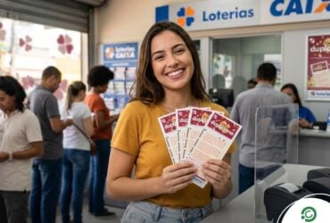 Dupla Sena 2735: Confira o resultado do sorteio de hoje (09/03) 21 Mulher sorridente segurando volantes da Dupla Sena 2735 em uma lotérica da Caixa.