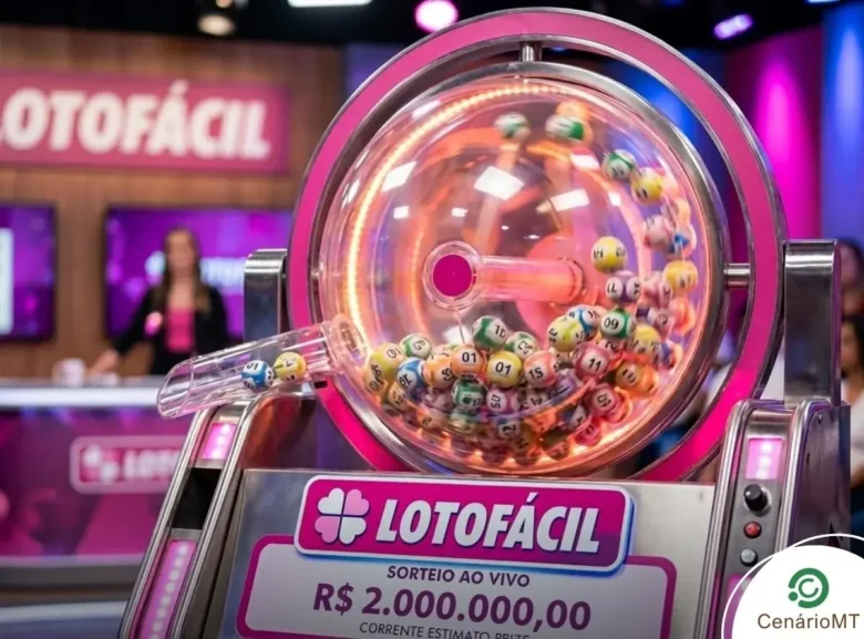 Ilustração de uma máquina de loteria futurista com iluminação rosa e painel digital.