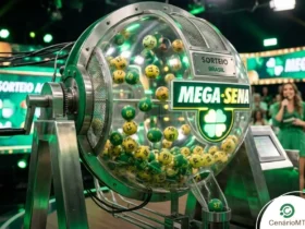 Mega-Sena 2988: Sorteio de hoje (24/03) promete R$ 13 milhões; veja como jogar 23 Ilustração em 3D de um grande globo de sorteio de loteria nas cores verde e amarelo.