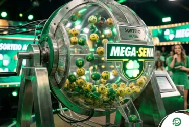 Mega-Sena 2988: Sorteio de hoje (24/03) promete R$ 13 milhões; veja como jogar 9 Ilustração em 3D de um grande globo de sorteio de loteria nas cores verde e amarelo.