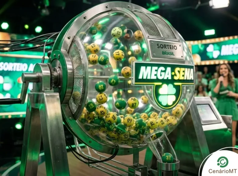 Mega-Sena 2988: Sorteio de hoje (24/03) promete R$ 13 milhões; veja como jogar 1 Ilustração em 3D de um grande globo de sorteio de loteria nas cores verde e amarelo.