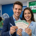 Casal segurando na mão o volante da mega-sena
