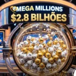 Arte com globo de sorteio da Mega Millions destacando o prêmio de 2.8 bilhões de reais