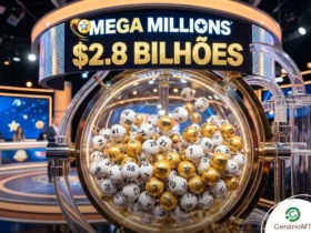 Arte com globo de sorteio da Mega Millions destacando o prêmio de 2.8 bilhões de reais