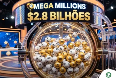 Apostador ganha R$ 2,8 bilhões na Mega Millions; veja os números sorteados 36 Arte com globo de sorteio da Mega Millions destacando o prêmio de 2.8 bilhões de reais