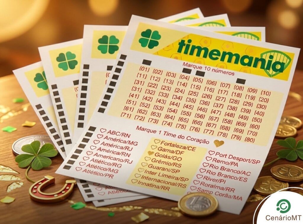 Bilhetes da Timemania com foco na escolha do Time do Coração