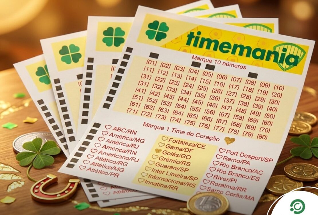 Bilhetes da Timemania acompanhados de ferradura e moedas douradas.