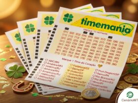 Bilhetes da Timemania acompanhados de ferradura e moedas douradas.