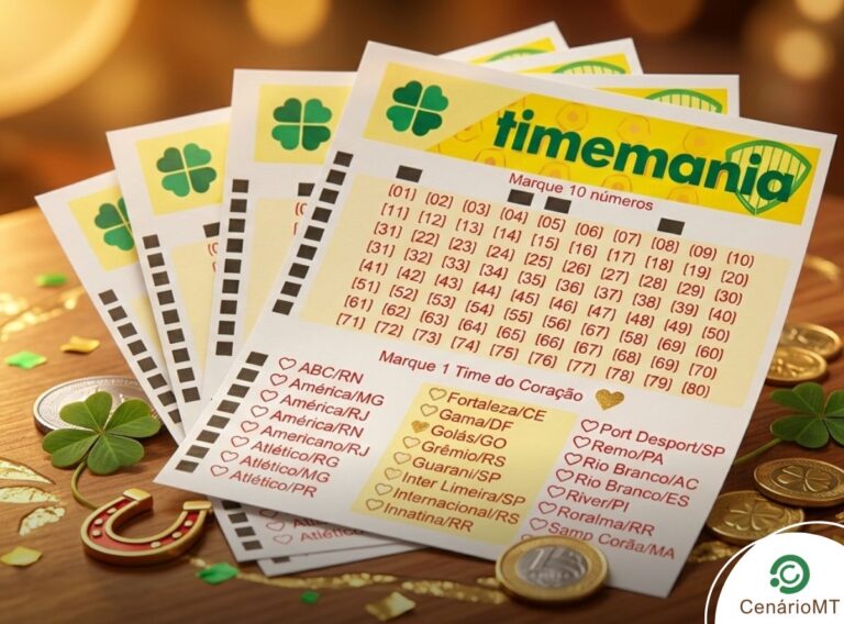 Bilhetes da Timemania acompanhados de ferradura e moedas douradas.