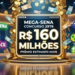 Chuva de dinheiro com o prêmio de R$ 160 milhões da Mega-Sena 2979 e logotipos da Lotofácil, Quina, Timemania e Dia de Sorte da Caixa de hoje, 03/03/2026.