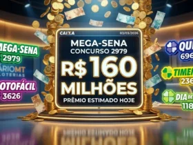 Chuva de dinheiro com o prêmio de R$ 160 milhões da Mega-Sena 2979 e logotipos da Lotofácil, Quina, Timemania e Dia de Sorte da Caixa de hoje, 03/03/2026.