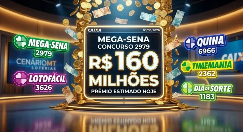 Chuva de dinheiro com o prêmio de R$ 160 milhões da Mega-Sena 2979 e logotipos da Lotofácil, Quina, Timemania e Dia de Sorte da Caixa de hoje, 03/03/2026.