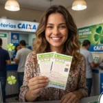 Bilhetes da Super sete na mão de uma mulher em frente ao guichê da Caixa.