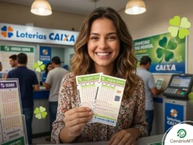 Bilhetes da Super sete na mão de uma mulher em frente ao guichê da Caixa.