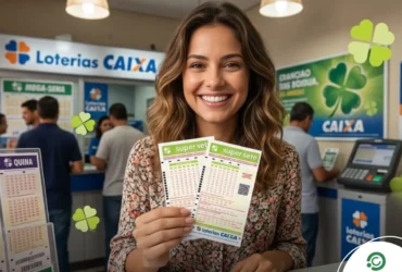 Super Sete 820: Acabou de sair o resultado, confira! 30 Close em volantes do Super Sete 820 sendo segurados por uma mulher em frente ao guichê da Caixa.