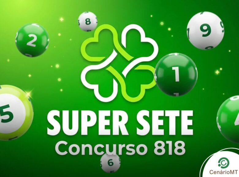 Resultado da Super Sete 818 hoje (04/03): Confira os números das 7 colunas 1 Logo do Super Sete concurso 818 em fundo verde vibrante com bolas numeradas.