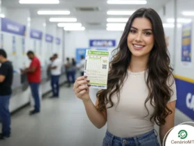 Mulher jovem de cabelos castanhos sorrindo e segurando um volante da loteria Super Sete em uma lotérica.