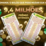 Banner da loteria Timemania com o texto "9,4 MILHÕES PRÊMIO ESTIMADO" em dourado, cercado por volantes de aposta, trevos e bolas de sorteio.