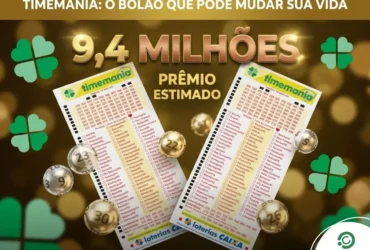 Resultado da Timemania de hoje: confira as dezenas do concurso 2363 12 Banner da loteria Timemania com o texto "9,4 MILHÕES PRÊMIO ESTIMADO" em dourado, cercado por volantes de aposta, trevos e bolas de sorteio.