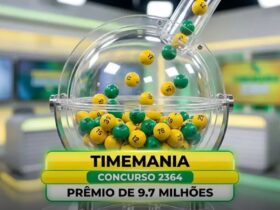 Globo de sorteio da Timemania com bolas amarelas e verdes em movimento, e um banner inferior exibindo "TIMEMANIA", "CONCURSO 2364" e "PRÊMIO DE 9.7 MILHÕES".