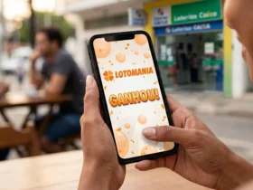 Mulher segurando celular com a logo da Lotomania