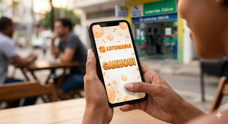 Mulher segurando celular com a logo da Lotomania
