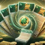 Arte com bilhetes da mega sena em espiral com trevo no meio