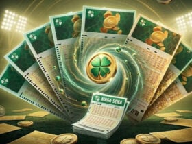 Arte com bilhetes da mega sena em espiral com trevo no meio