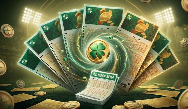 Arte com bilhetes da mega sena em espiral com trevo no meio