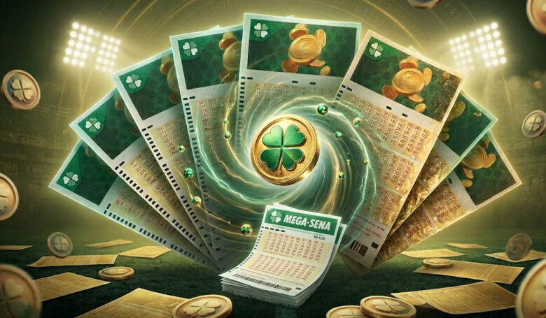 Arte com bilhetes da mega sena em espiral com trevo no meio