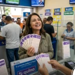 Mulher comprando bilhetes da quina em lotérica