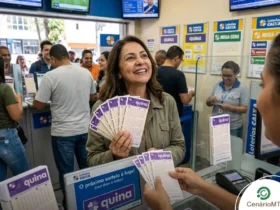 Mulher comprando bilhetes da quina em lotérica