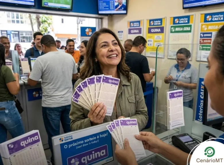 Mulher comprando bilhetes da quina em lotérica