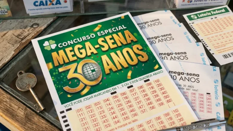 Bilhete especial da Mega-Sena de 30 anos sobre mesa com moedas de ouro