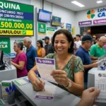 Mulher assinando bilhetes da Quina em uma lotérica