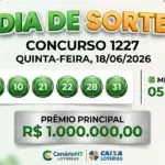 Painel do resultado do Dia de Sorte concurso 1227, exibindo as 7 dezenas sorteadas em bolinhas verdes (03, 09, 10, 21, 22, 28, 31), o Mês da Sorte (05 - Maio) alinhado à direita e o prêmio principal de R$ 1.000.000,00.