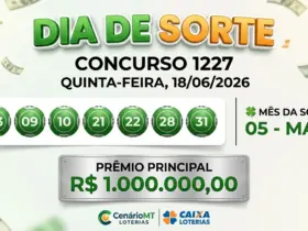 Painel do resultado do Dia de Sorte concurso 1227, exibindo as 7 dezenas sorteadas em bolinhas verdes (03, 09, 10, 21, 22, 28, 31), o Mês da Sorte (05 - Maio) alinhado à direita e o prêmio principal de R$ 1.000.000,00.
